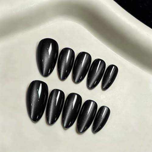 Black Cat Eye Press-On Nails Almond Glitter Chrome Finish - Reusable 30 pcs, Medium Length, Salon Quality