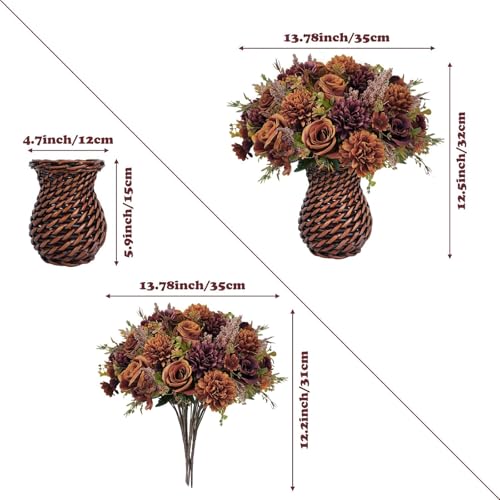 3 Bundles Fall Fake Flowers with Vase - Autumn Centerpieces for Tables