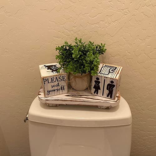 Funny Bathroom Decor Signs Wooden Blocks with Plant & Tray - Rustic Farmhouse Toilet Decor