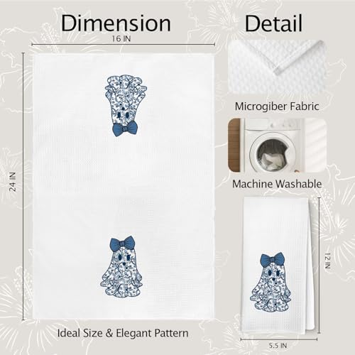 Blue Ghost Chinoiserie Fall Pumpkin Kitchen Towels Set of 2 - Halloween Decor