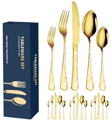 Halloween Skeleton Skull Flatware Set for 4 - Gold Gothic Cutlery
