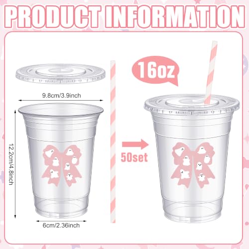 Sliner 16 oz Pink Bow Ghost Plastic Cups with Straw - Halloween Party Supplies, 50 Pack