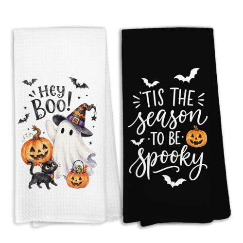 Halloween-4 Black and White Kitchen Dish Towels Set of 2 - 16x24in Decorative Towels