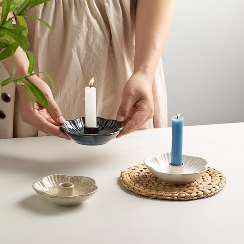 Blue Ceramic Flower Candle Holder - 4.7 Inch Tabletop Tray for Home Decor