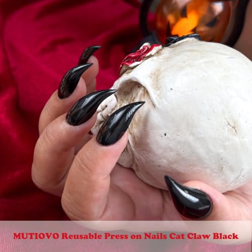 Reusable Press On Nails Cat Claw Short Curved Stiletto Black - DIY Halloween & Cosplay