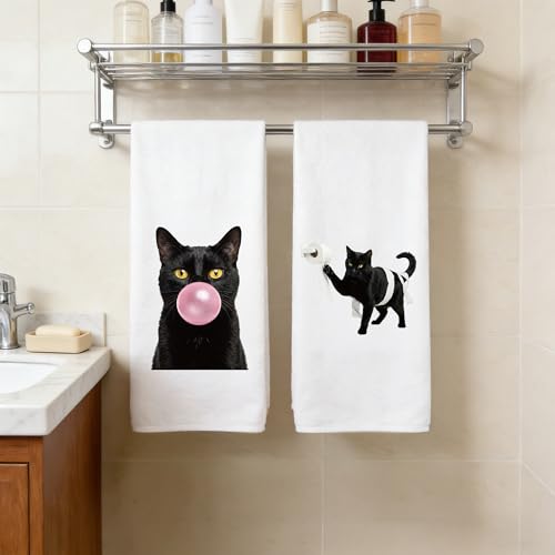 Black Cat Hand Towels 6 Pack - Decorative Polyester Bathroom Cloth Set - Variation: Black Cat