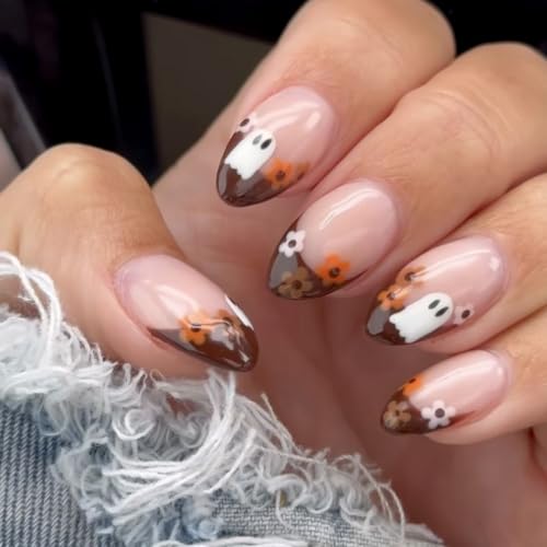 Fall Halloween Short Almond Press-On Nails - Ghost & Flower Design, Variation 20