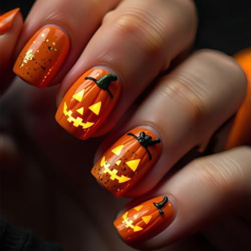 Halloween Pumpkin Press-On Nails Style-06 - Orange Glitter Fake Nails 24Pcs