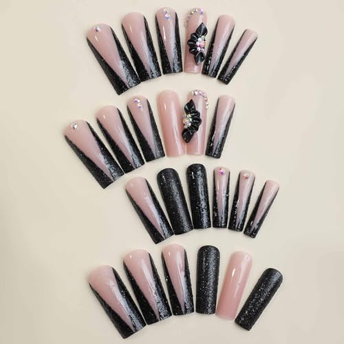 Press On Nails Long Square False Nails Black French with Rhinestones - Variation 89-20Black