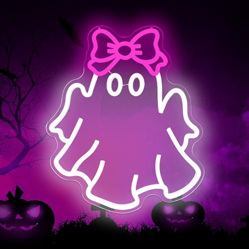 Pink Ghost Neon Sign with Bow - Halloween Wall Decor for Kids' Bedrooms