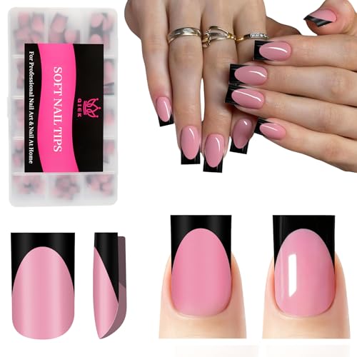 Black French Tip Press-On Nails Set - Short Square 150 Pcs with Deep Pink & Black Variation