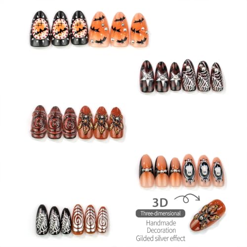 Halloween Press On Nails Set - Medium Almond Fake Nails with Ghost Spider Web Bat Design, 30Pcs - Variation Halloween-28