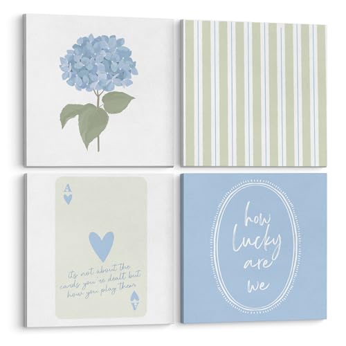 Wall Art Decor Set of 4 - Sage Green & Blue Hydrangea Canvas Prints - Black & White Variation
