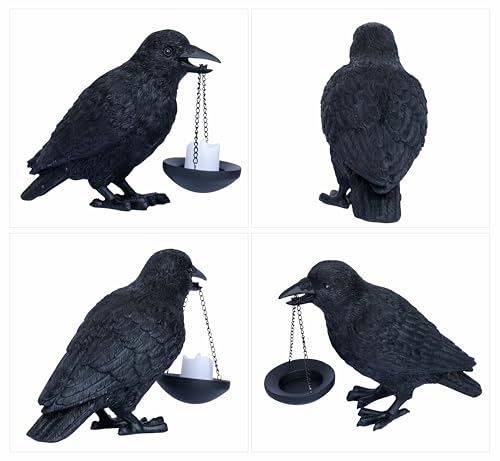 Gothic Crow Candle Holder - Raven Tealight Lamp for Halloween Decor, Black Resin Bird Statue