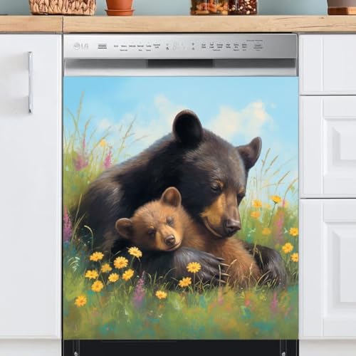 Mama Bear and Cubs Dishwasher Magnet Cover - Magnetic Vinyl Kitchen Decor, 23 x 26 Inches