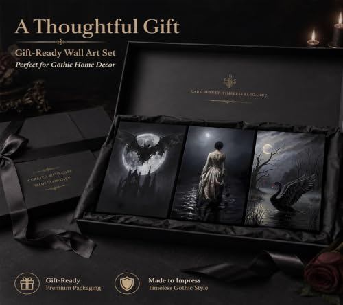 Gothic Wall Art Set of 3 - Victorian Dark Woman, Bat & Swan Prints, Unframed 24x16 inches - Moody Home Decor