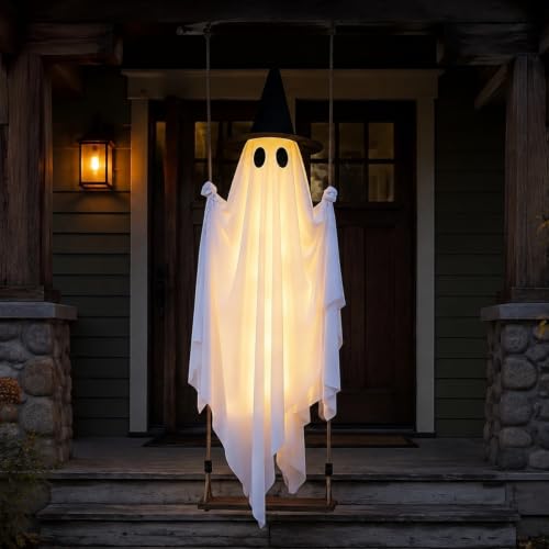 Large Outdoor Hanging Swing Ghost Halloween Decor - 5.3FT Light-Up Ghost