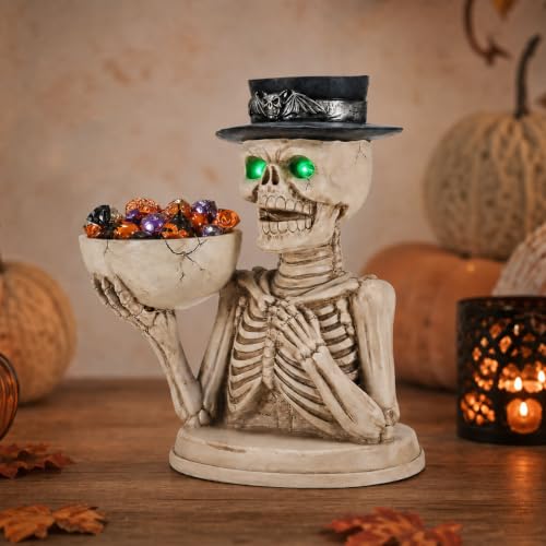 Ivory Skeleton Candy Bowl and Candle Holder with Glowing Eyes - Halloween Decor