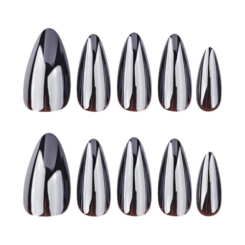 Black Chrome Almond Press On Nails - Medium False Nails with Design, Reusable Gel Adhesive, Style-18 / Style-A, 24 Pcs