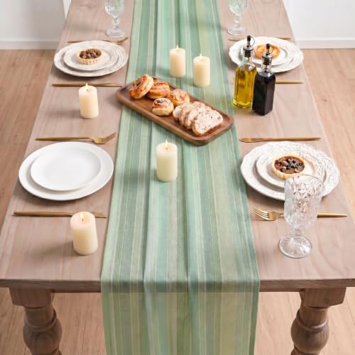 Green Stripe Chiffon Table Runner 28x120 Inch Spring Kitchen Dining Decor
