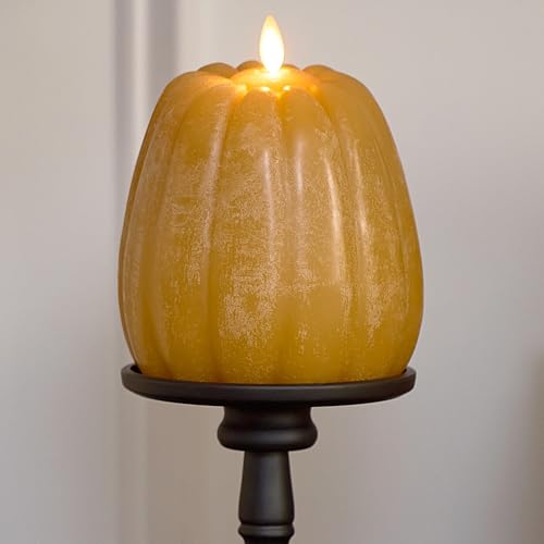Flameless Flickering Pumpkin Candle - Unscented LED Decor with Timer, Harvest Gold, 4.9" x 6"