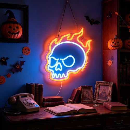 Halloween Neon Sign - Burning Skull with Flame Style B - USB Powered, Dimmable, Easy Mounting