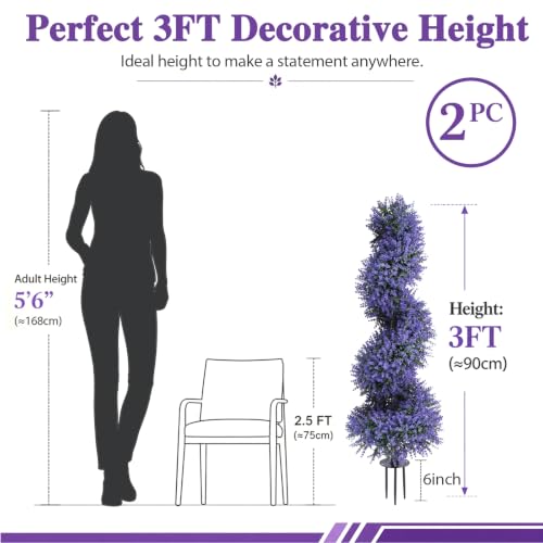 3ft Artificial Topiary Spiral Tree with Lavender Set of 2 - Outdoor Faux Bushes