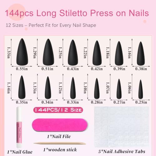 Black Stiletto Press On Nails Long Fake Nails - 144pcs with Glue & Tabs - AddFavor
