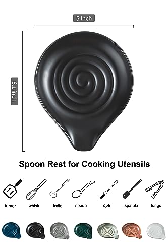 Ceramic Spoon Rest for Stove Top - Large Kitchen Utensil Holder - Black Variation 1
