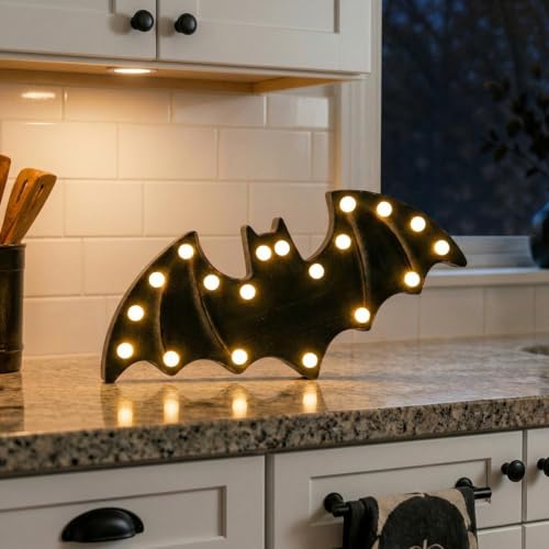 FestalMart Wooden Bat Light Up Halloween Decor - Black, Tabletop & Wall