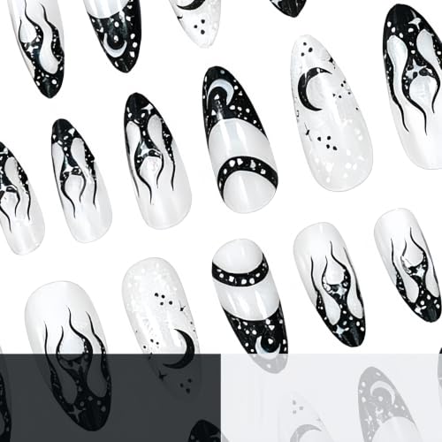 Gothic Press On Nails Set - Medium Almond Fake Nails with Black Moon & Flame Design, Style06