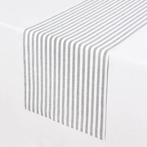 Pure Linen Table Runner 14x90 Inches - Grey & White Stripe, Handcrafted