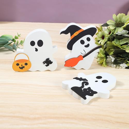 Halloween Ghost Decorations 3-Piece Wooden Indoor Table Decor Set