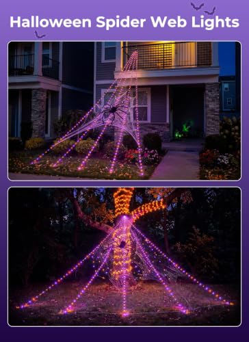 Halloween Spider Web Lights with 255 LEDs - Orange & Purple Outdoor Decoration