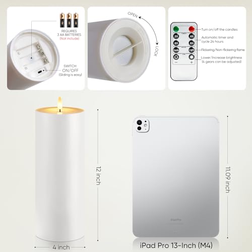 Outdoor Waterproof Flameless Pillar Candle with Remote Timer 4x12 Inches - Large Weatherproof LED Candle