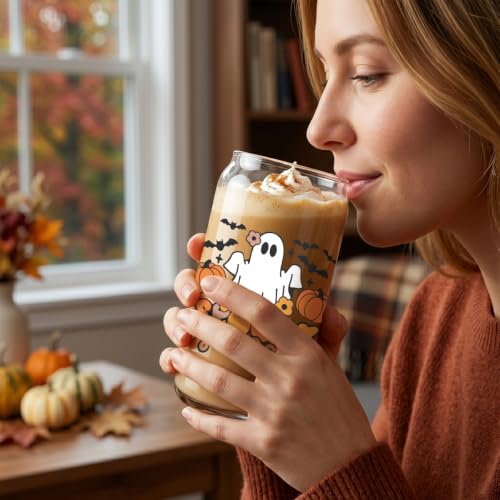Halloween Ghost Drink Cup - 16 oz Fall Coffee Mug with Lid & Straw - Variation of THIS listing