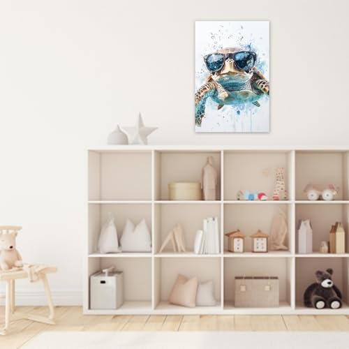 Sea Turtle Wall Art Canvas Prints Bathroom Decor Teal 36x24 Inches - Funny Turtle with Glasses