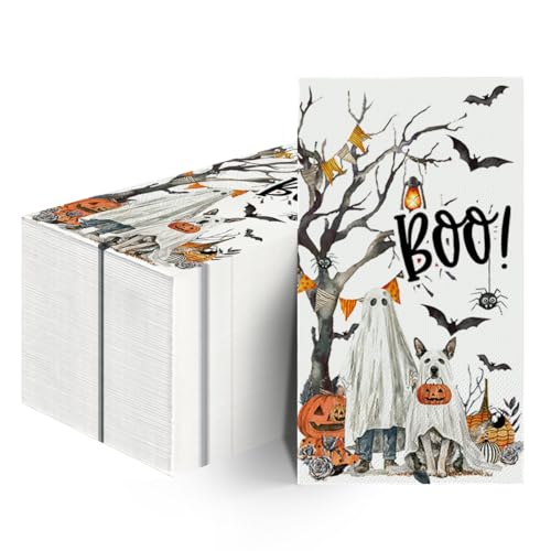 Halloween Paper Napkins 50 Pack - Jack-O-Lantern, Ghost & Cobweb Design, 4.3 x 7.9 Inches