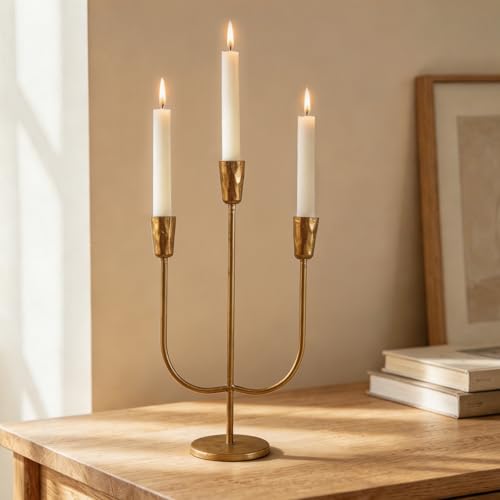 Vintage Cast Iron Candle Holder for 3 Taper Candles - Antique Gold Table Centerpiece