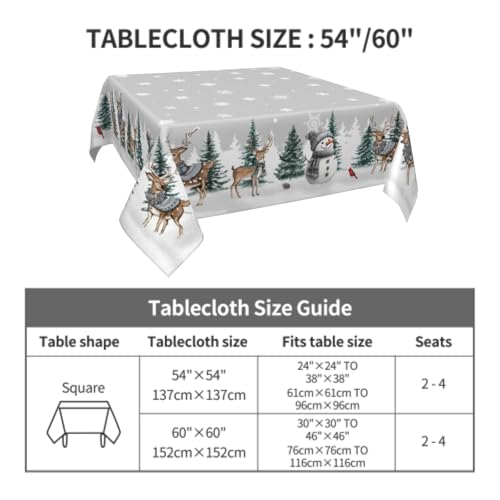 Reindeer Snowman Grey Square Tablecloth 54x54 Inch Water-Resistant Washable Winter Decor