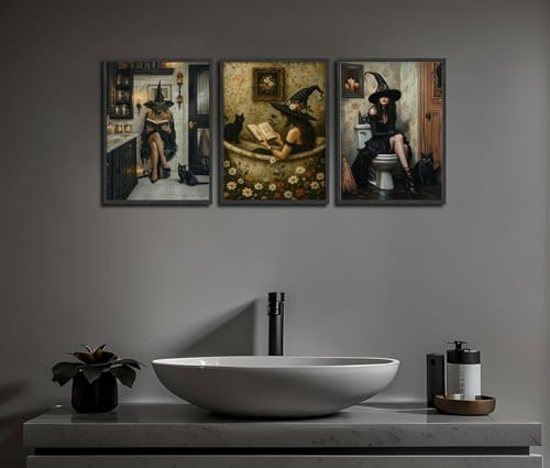 Witch Bathroom Wall Art Poster Set - Gothic Black Cat & Witch Reading in Bathtub, 24x16 Inches, Dark Academia Decor, Halloween & Gothic Home Decor Variation of THIS listing