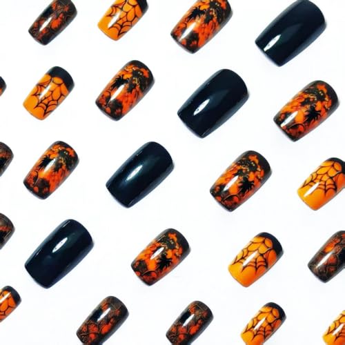 Halloween Press On Nails Orange Gradient Fake Nails with Spider Web Design - Variation Hall10