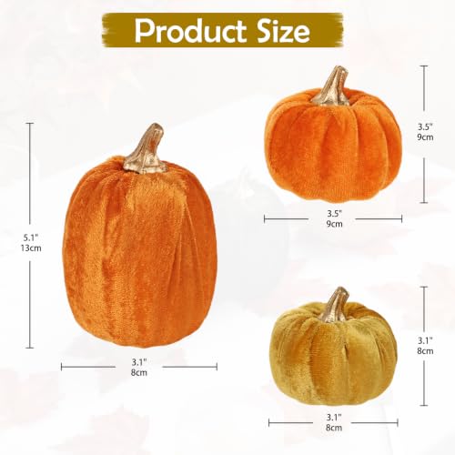 Artificial Mini Velvet Pumpkins Fall Decor - Orange Series, 3 Pack, Autumn Harvest Table Centerpieces