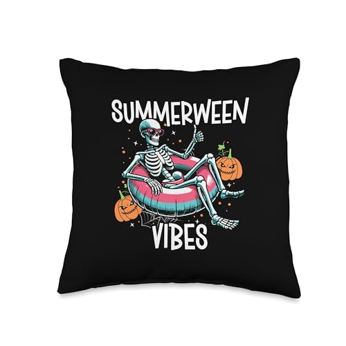 Summer Vacation Skeleton Throw Pillow 16x16 Halloween Fall Decor - Summerween Vibes