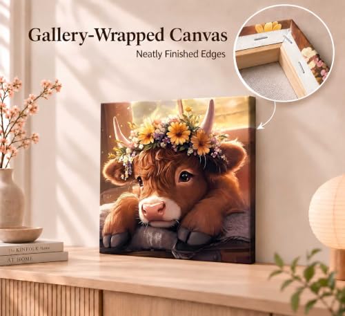 Highland Cow Canvas Wall Art - 20x20 Inch Farmhouse Decor with Wooden Frame