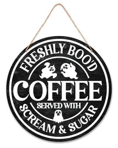 Halloween Coffee Bar Sign - Ghost Welcome Sign for Front Door, Wooden Wall Decor, Farmhouse Office Kitchen - Coffee Variation