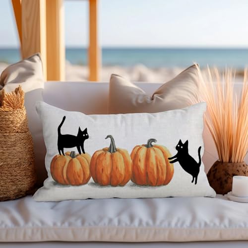 Halloween Pillow Cover 12x20 with Pumpkins & Black Cats - Dogs Variation
