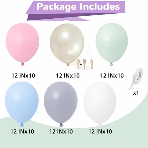 Pastel Balloons 60 Pcs Set with Pink, Green, Blue, Neutral Tones for Party Decorations