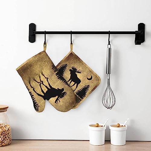 Vintage Moose Rustic Oven Mitts and Pot Holders Set - Heat Resistant Silicone Kitchen Gloves - 4 Pieces