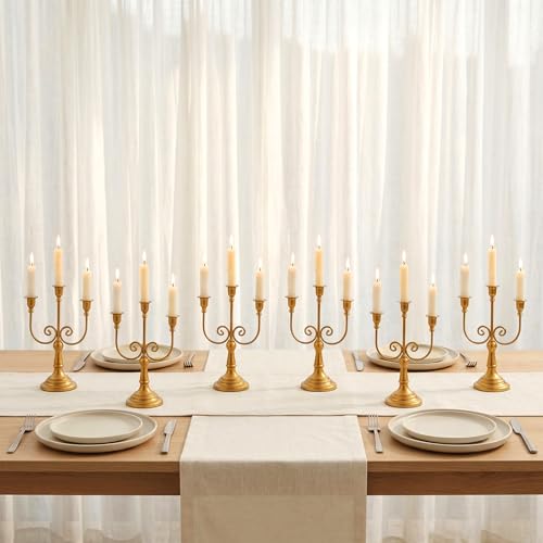 NUPTIO 3-Arms Gold Candlestick Holders for Taper Candles - Set of 6